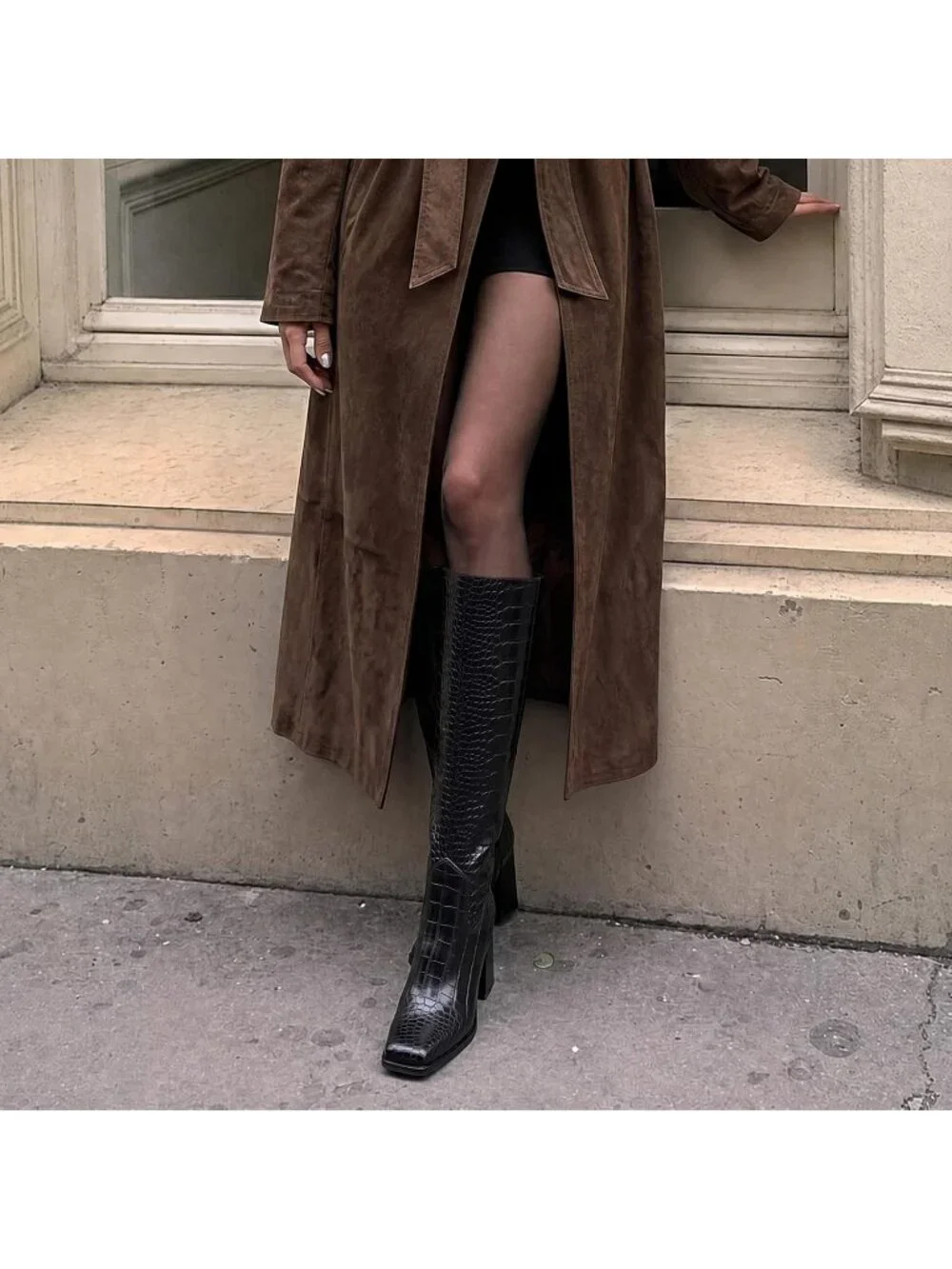 Women's Black Croco Chunky Block Heel Square Toe Side Zipper Knee High Boots